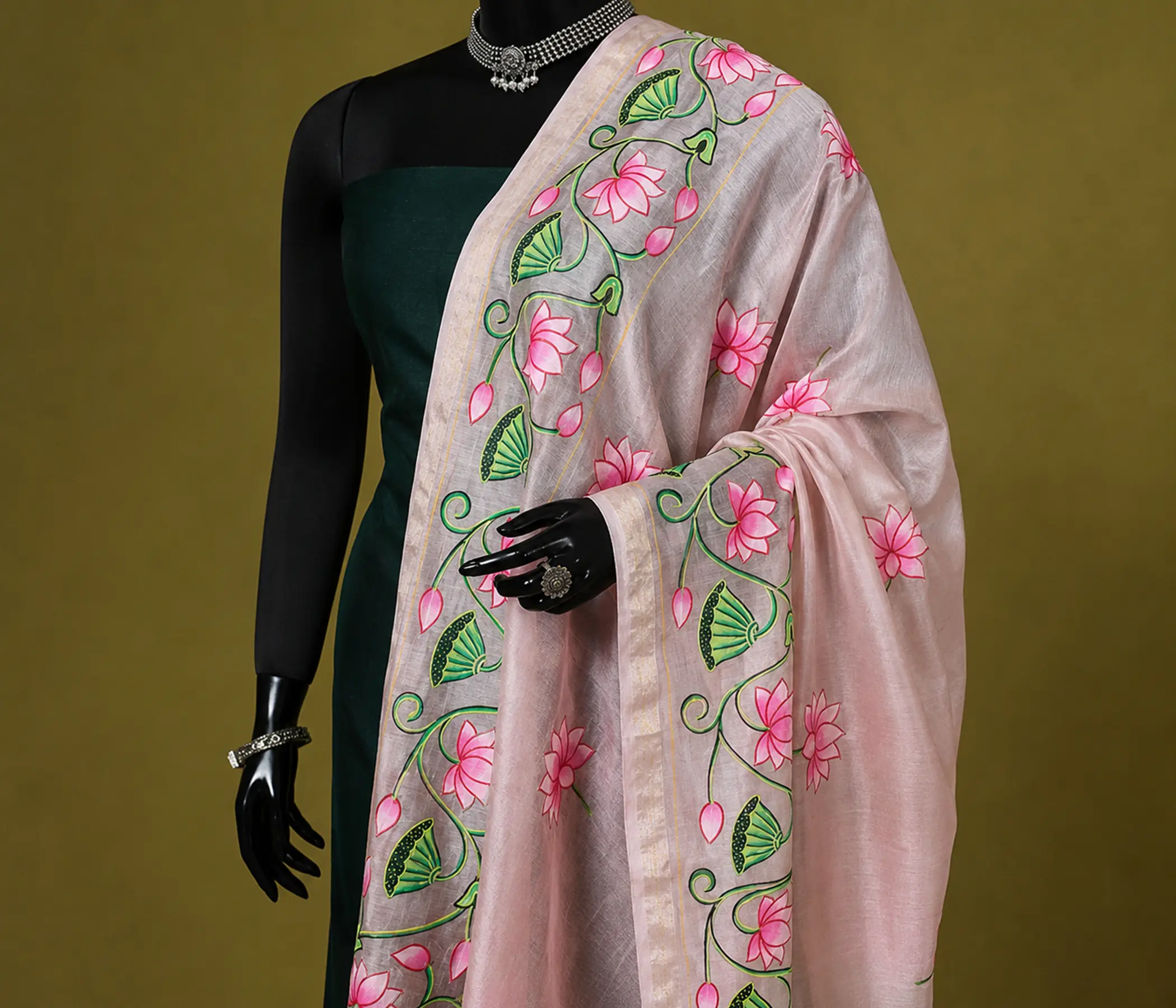 Hand Painted Blush Pink Organza Dupatta with Lotus Floral Vine Art